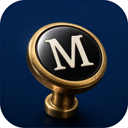 MacMerge app icon — a brass cabinet knob with a serif M on black enamel