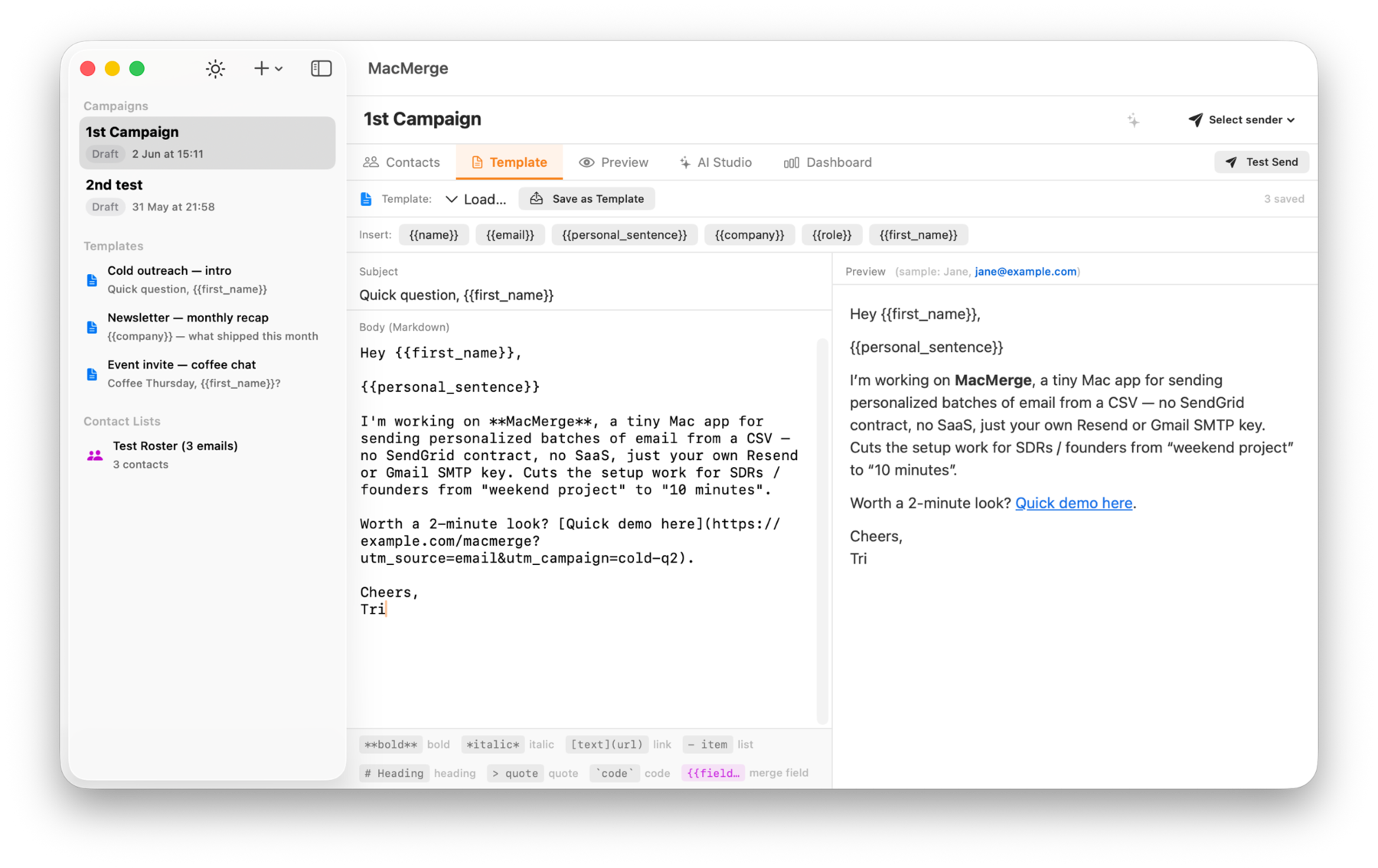 MacMerge campaign editor — Markdown template with {{merge_fields}} and a live per-contact preview